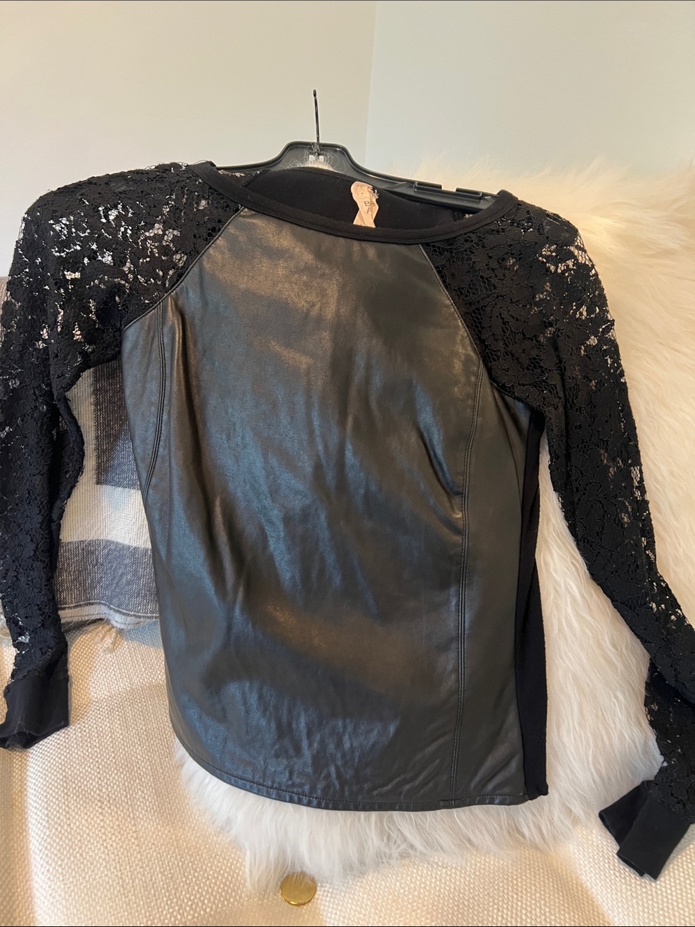 Bailey 44 Black Faux Leather Front Top with Lace Sleeves